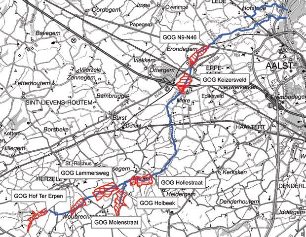 Figuur 8-3: Situering van de bestaande (horizontale arcering) en mogelijke locaties (schuine arcering) voor GOG s in het modelgebied van de Molenbeek Erpe-Mere GOG Oud Hof ter Erpen De locatie voor