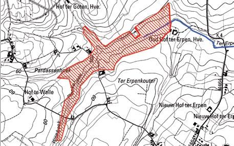 Figuur 8-4: Situering van het GOG Oud Hof ter Erpen in het modelgebied van de Molenbeek Erpe-Mere met aanduiding van de aan te leggen dijken (dikke rode lijn) GOG Molenstraat De locatie voor het GOG