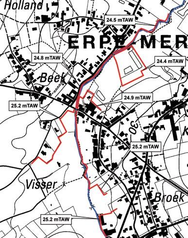 Figuur 8-9: Situering van de trajecten van de dijken langs de Beekkantstraat en de opwaarts gelegen straten te Erpe-Mere in het modelgebied van de Molenbeek Erpe-Mere 24.8 24.4 24.9 25.