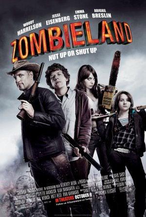 Filmposter 10 Zombieland Er zijn 3 aandachtspunten. Als eerst valt de acteur helemaal links op. Als je dan het rijtje afloopt blijft de blik aan de kettingzaag hangen, wat het tweede punt is.