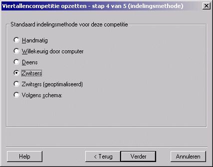 Viertallencompetitie aanmaken 163 Stap 4: Indelingsmethode In de vierde stap kiest u welke indelingsmethode u standaard wilt hanteren bij het indelen van de teams in de competitiezittingen.