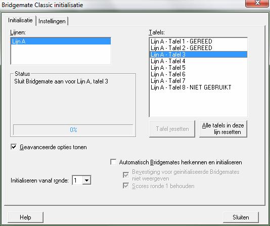 216 Hoofdstuk 10: De Bridgemate zichtbaar (het versienummer en landcode kunnen afwijkend zijn). De melding"initialisatie" houdt in dat de Bridgemate klaar is om gegevens te ontvangen van de computer.