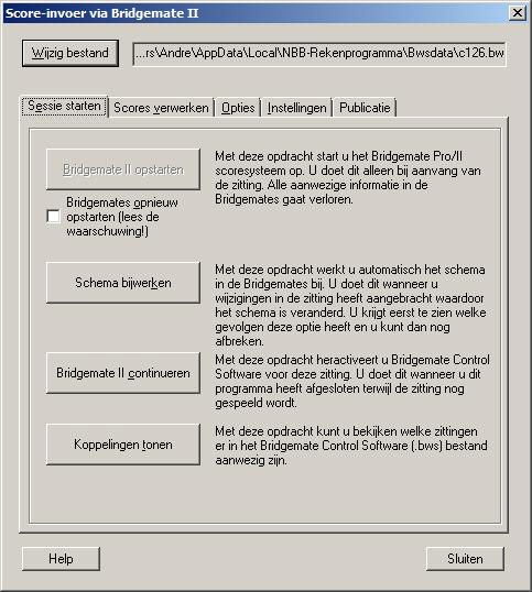 Hoofdstuk 10: De Bridgemate 220 De knop "Bridgemate-Pro/II opstarten" zal hierna inactief worden gemaakt om te voorkomen dat u per ongeluk alle reeds ingevoerde scores kunt wissen.