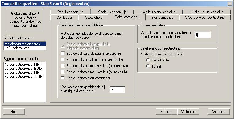 Stap 5: Clubreglementen 65 Rekenmethodes Hierbij kunt u aangeven hoe het eigen gemiddelde bepaald moet worden en of er scores moeten worden weggelaten bij de berekening van de eindstand in de