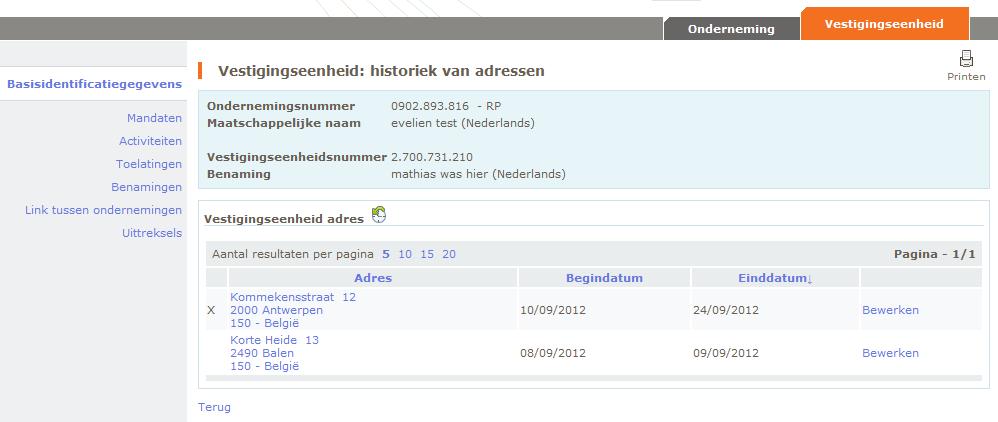 Men komt terecht op het scherm «Vestigingseenheid: adres bewerken».