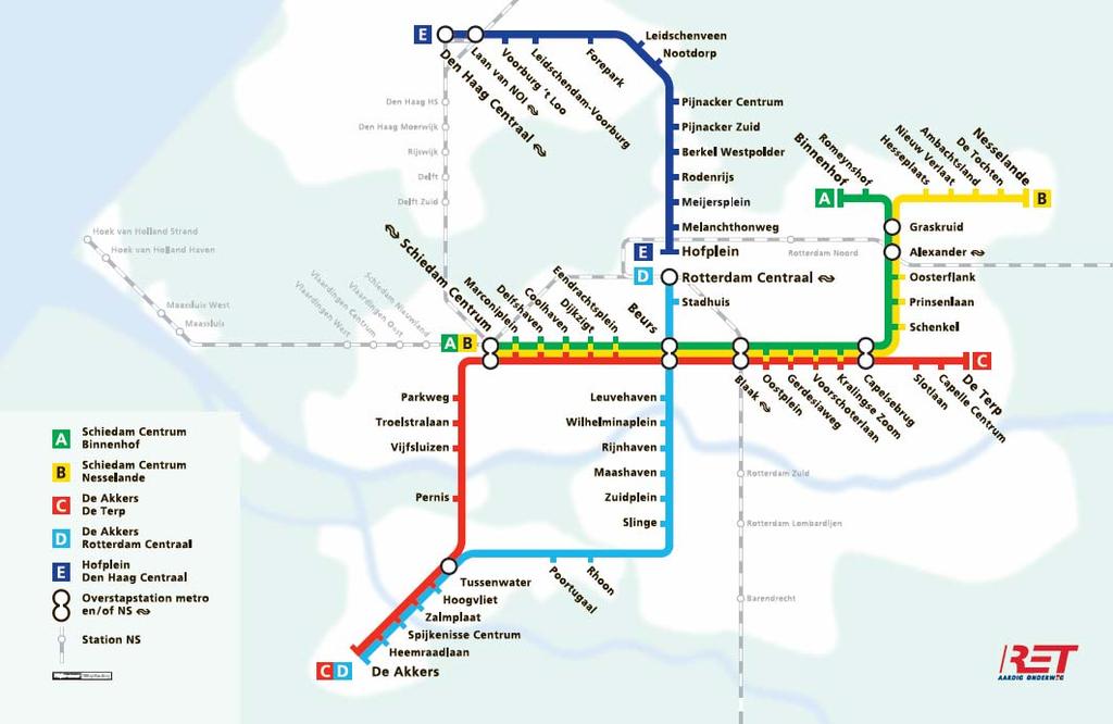 In de onderstaande figuur zijn de onderzochte metrostations weergegeven. Figuur 1.1: Metronet regio Rotterdam met de onderzochte metrostations Bron:www.ret.