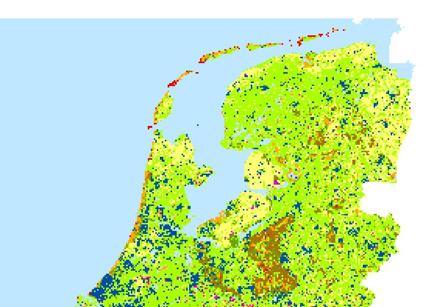 Figuur 2.2 Dominant landgebruik zoals gebruikt door het OPS-model bij 1x1 km berekeningen.