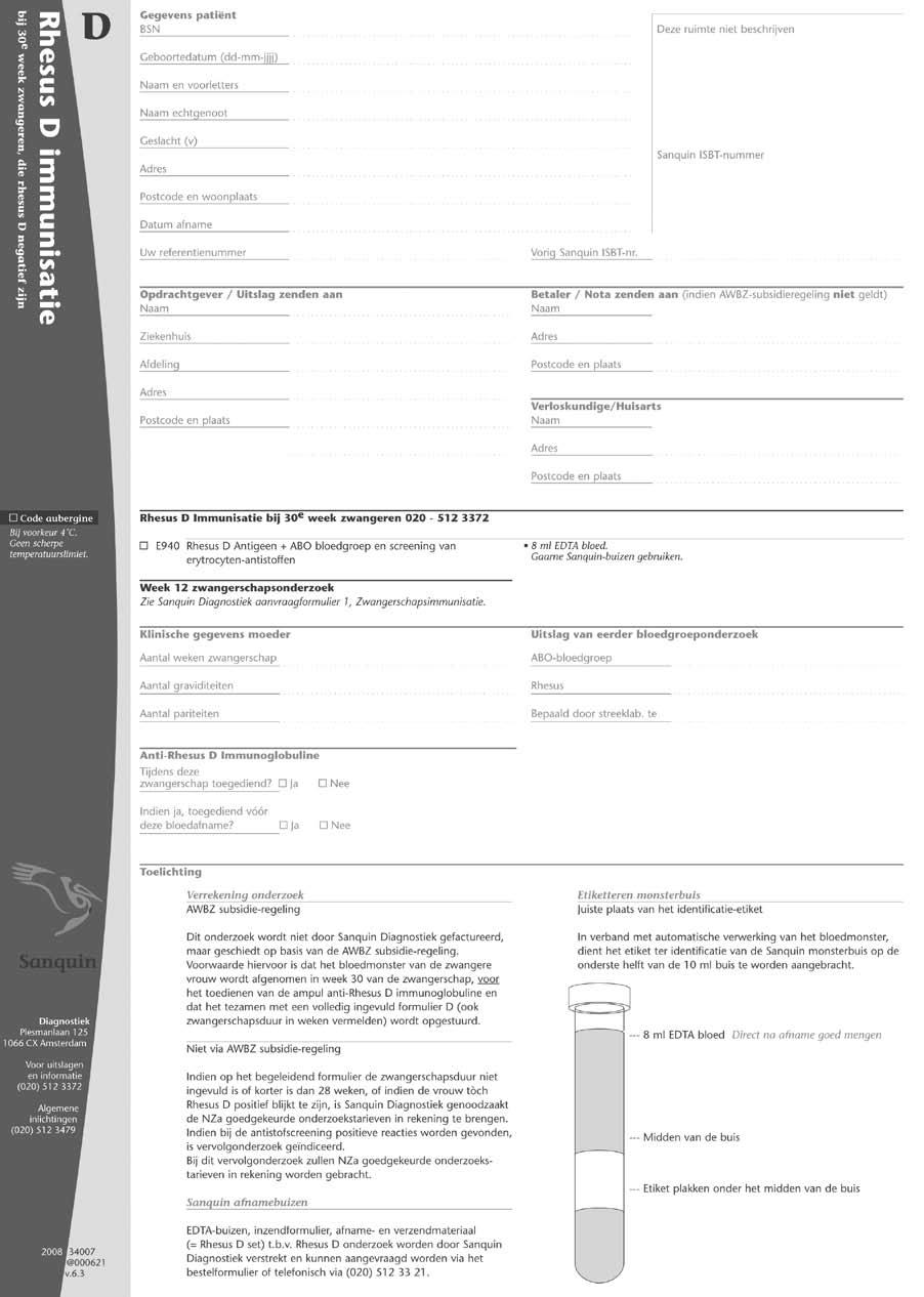 Aanvraagformulier Rhesus D immunisatie, BIBOSanquin