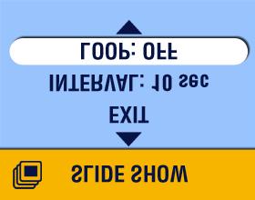 3 Druk op de selectieknop. De intervalinstelling blijft van kracht tot u anders bepaalt. Loop (lus) inschakelen Als u Loop aanzet, wordt de diapresentatie steeds herhaald.