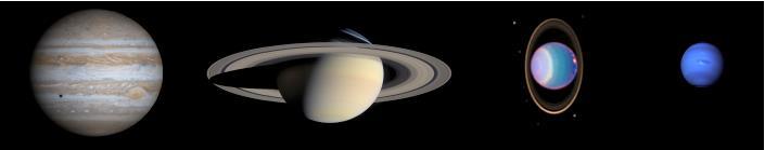 VIER GAS REUZEN Jupiter Saturnus Uranus Neptunus Massa (10 24 kg) R equator (km) R pool (km) Dichtheid (g/cm 3 ) a (AU) P (jaar) Albedo Manen Jupiter 1898.6 71492 66854 1.