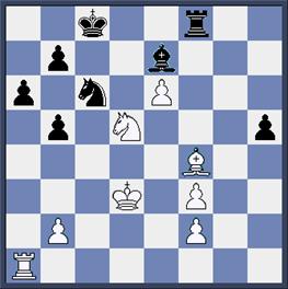 .. en elk boekje en elke database gaat verder met 6.Lb5. Frank daarentegen vond 6.Lb3?! waarschijnlijk een aantrekkelijk nieuwtje, maar moest na 6. Pe4! 7.c3 Lg4 8.h3 Lxf3 9.gxf3 Pc5 (Dh4!