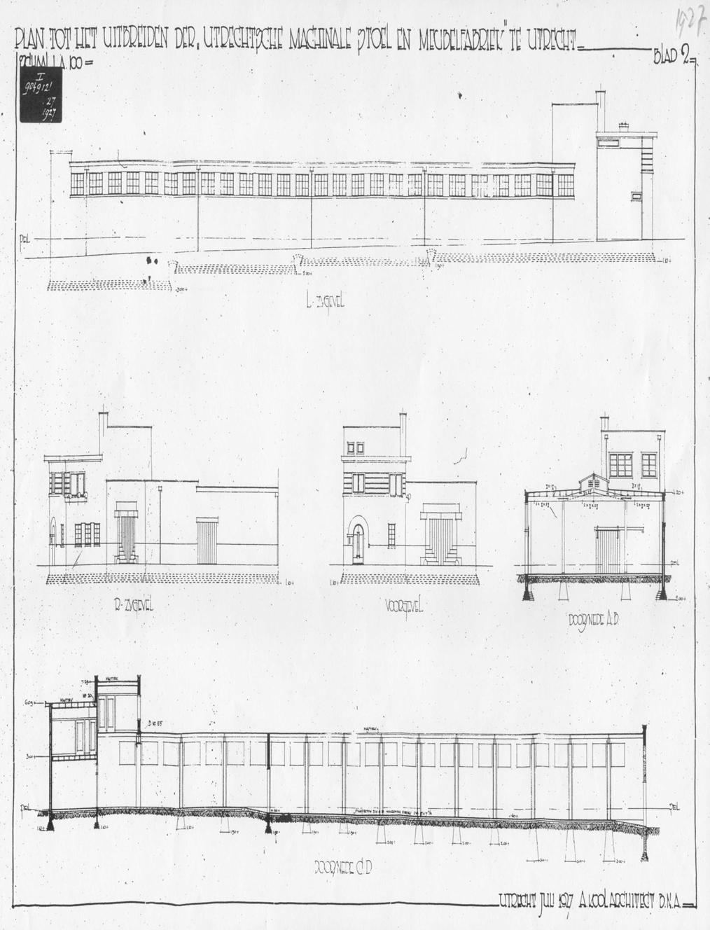 Afb. 4 Plan tot het uitbreiden (loods met woonhuis) van de U.M.S. te Utrecht, architect A. Kool, 1927. Blad 2 (I, 9049.