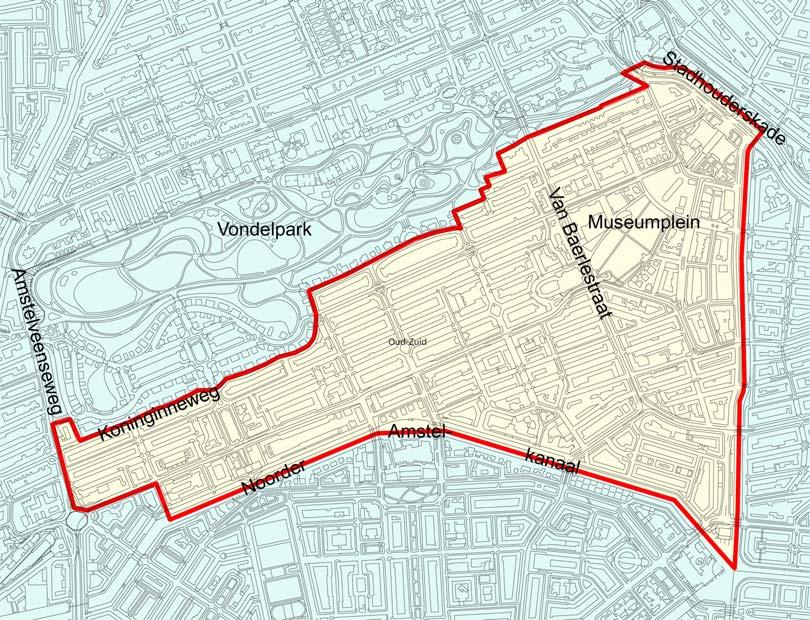 1 Administratieve gegevens plangebied Het plangebied wordt in het noorden begrensd door de Sophialaan, de Saxen-Weimarlaan, de Koninginneweg, de Van Eeghenstraat, het Vondelpark en de Singelgracht,
