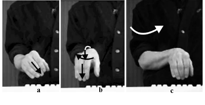 Compensatie in het polsgewricht: ulnair abductie en palmairflexie Op het eerste gezicht is het aannemelijk dat vanuit de uitgangshouding (figuur 2a) een horizontale positie van de hand weer kan