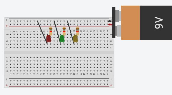 Wat is de maximum spanning over : - De rode led? V - De groene led? V - De gele led? V Hoeveel spanning levert de stroombron? V Hoeveel spanning is er over voor de - weerstand 1? V - weerstand 2?