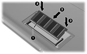 VOORZICHTIG: Houd de geheugenmodule alleen vast aan de randen, om schade aan de module te voorkomen. Raak de onderdelen op de geheugenmodule niet aan en buig de geheugenmodule niet. a. Lijn de inkeping (1) van de geheugenmodule uit met het nokje op het geheugenmoduleslot.