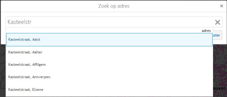 Bij Adres ziet staan vult u de straat en gemeente in (hier in het voorbeeld Kasteelstraat), een dropdownmenu verschijnt en klikken op het gewenste adres voert u naar de juiste locatie.