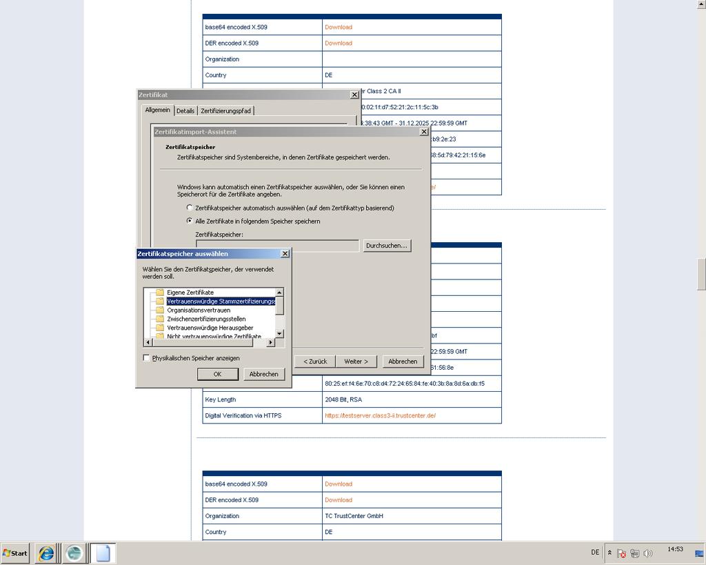 Selecteer vervolgens de optie Alle Zertifikate in folgendem Speicher speichern en klik op Durchsuchen