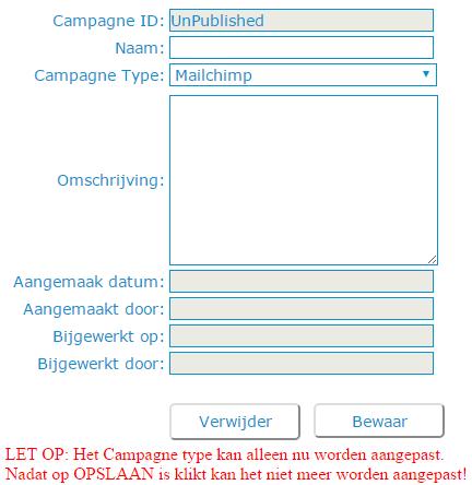 2.1 Invullen gevraagde informatie Klik in MailProcessing op de knop Create Campaign ( Maak campagne ) en vul, in het hierdoor geopende scherm, de gevraagde gegevens in.