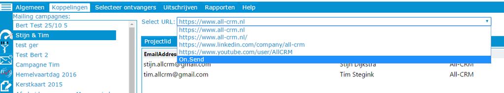 4. Koppelen van de links 4.1 Open de verzonden E-mail en klik op alle in de mailing aanwezige linkjes. Door op de linkjes te klikken worden de koppelingen zichtbaar in "Mailprocessing". 4.2 Klik in de menubalk bovenaan het scherm op "Koppelingen".