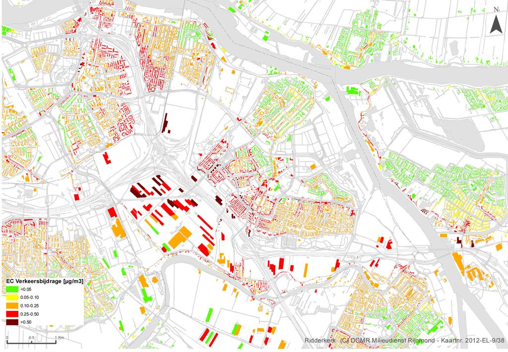 Figuur 5.4 Bijdrage roet of elementair koolstof (EC) als gevolg van het wegverkeer in Ridderkerk (DCMR Milieudienst Rijnmond, 2012). Nihil 0.05 0.10 0.25 0.