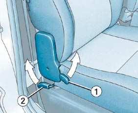 42 - STOELEN MULTIFUNCTIONELE PASSAGIERSSTOEL Neerklappen van de rugleuning: Trek de hendel 1 omhoog en kantel de