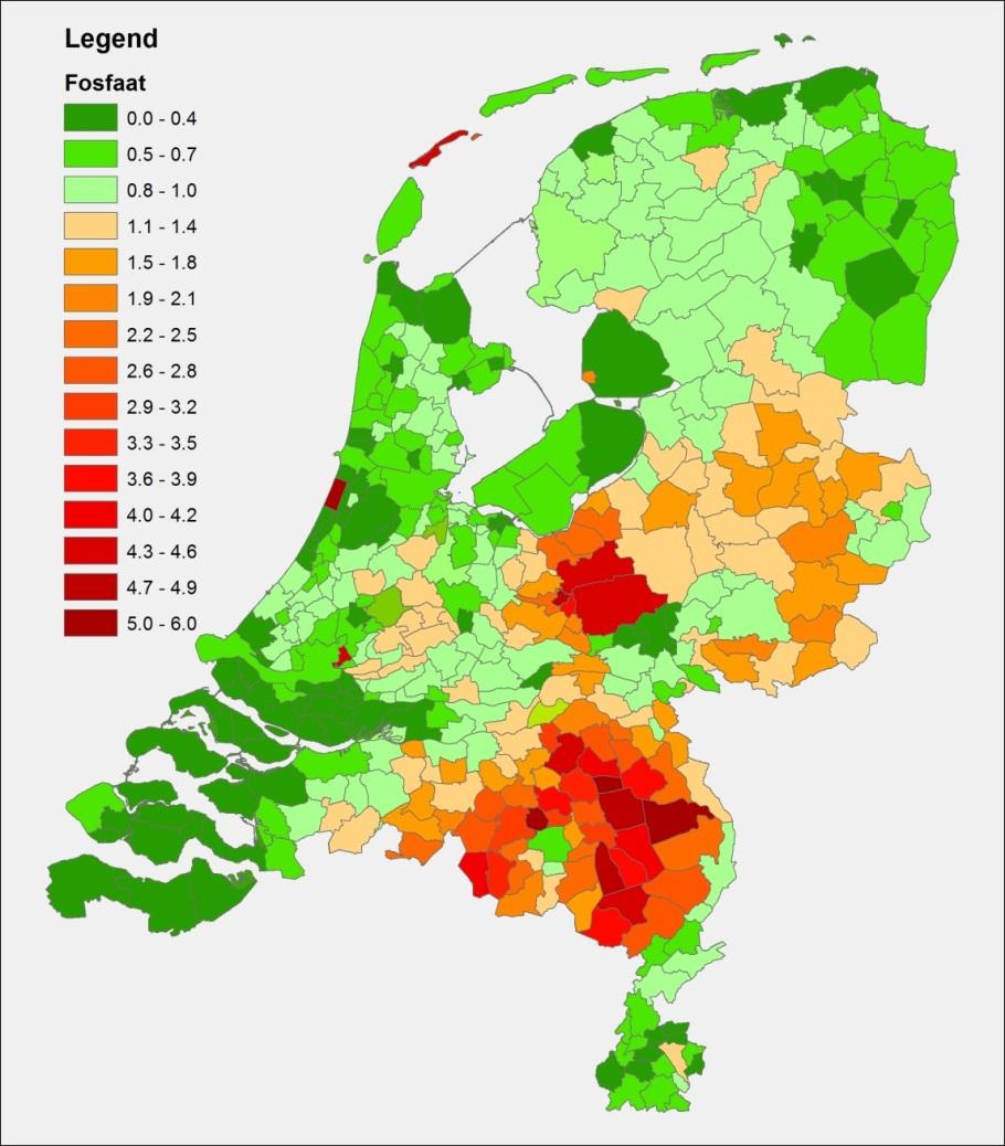 Figuur 12 Illustratie van de druk op de mestmarkt op gemeenteniveau in 2012: gemeentelijke fosfaatproductie gedeeld door de gemeentelijke gebruiksruimte in kg fosfaat (De Koeijer et al., 2016). 5.