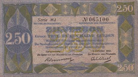 Vrijwel ongecirculeerd. 300 792 2½ Gulden 1920 Zilverbon. Mev. 12-4b; PL12.c. [# KA 032380].