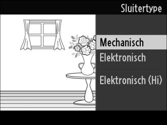 Een sluitertype kiezen Om het sluitertype voor de fotostand te kiezen, druk op & en gebruik de multiselector en de knop J om uit de volgende sluitertypen te kiezen: mechanisch (Mechanisch, geschikt
