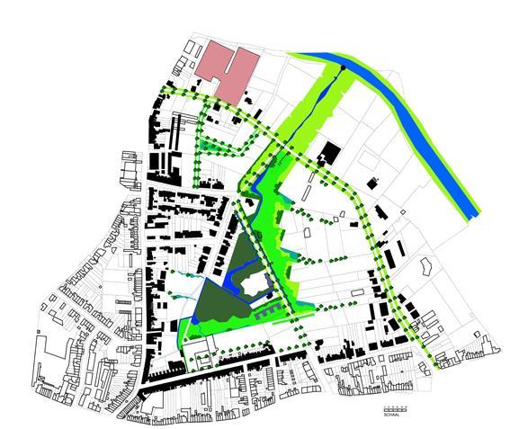 Figuur 12. De woningen zijn hier gegroepeerd rond een groenblauwe natuurslinger, die de vallei van de Vrouwvliet met het bestaande groen rond het Papenhof verbindt.