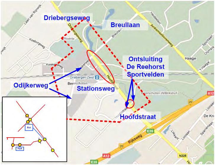 De drie kruispunten op de Hoofdstraat met de Breullaan, de Stationsweg en de ontsluiting van de Reehorst worden als gecoördineerde VRI's bestudeerd.