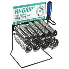 Slangklemmen HI-GRIP dispenser 100 stuks verzinkte wormschroefklemmen - maten van 12mm tot 50mm (10 stuks per maat) 1 flexibele schroevendraaier 1980 100 stuks RVS BS304 wormschroefklemmen - maten