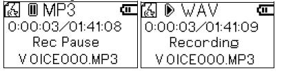 Afspelen is gepauzeerd Gaat naar volgende track Gaat naar vorige track Het scherm Opname Opname wordt uitgevoerd in MP3-indeling Opname wordt uitgevoerd in WAV-indeling Track wordt opgenomen Opname