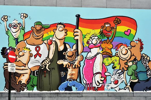 Bogaardenstraat 19, 1000 Brussel / Auteur: Nix / Uitgeverij: Le Lombard LGBT-fresco Ralf König is de auteur van deze stadsfresco rond LGBT-diversiteit. Uniek in Europa!