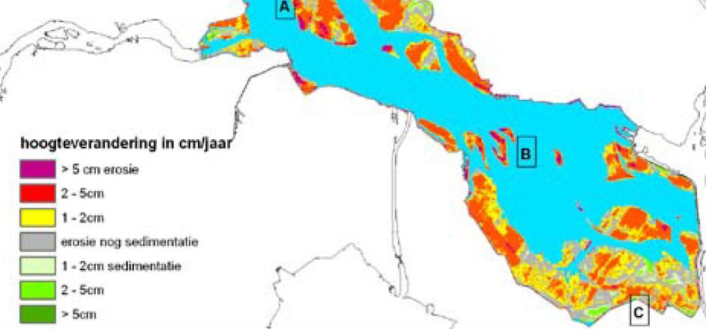 Afbeelding I.1. Erosie en sedimentatie op de slikken en platen tussen 1985-2001 [lit. 28.