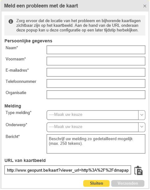 Figuur 22: Geopunt-meldingsfunctionaliteit Deze URL wordt gebruikt door de medewerkers van de Helpdesk Informatie Vlaanderen om de ingestuurde meldingen te kunnen beoordelen.