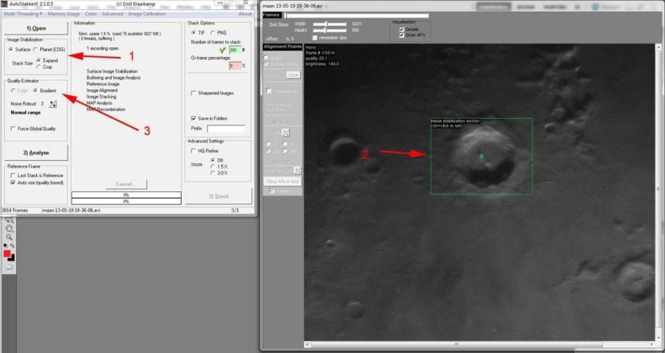 Laatst bewerkt: 6-jun-17 211 3) Eerste voorbeeld: foto van de Maan of Zon = een oppervlak. Foto 7/24: Schermafbeelding Autostakkert!2. Opname: Geert Vandenbulcke.