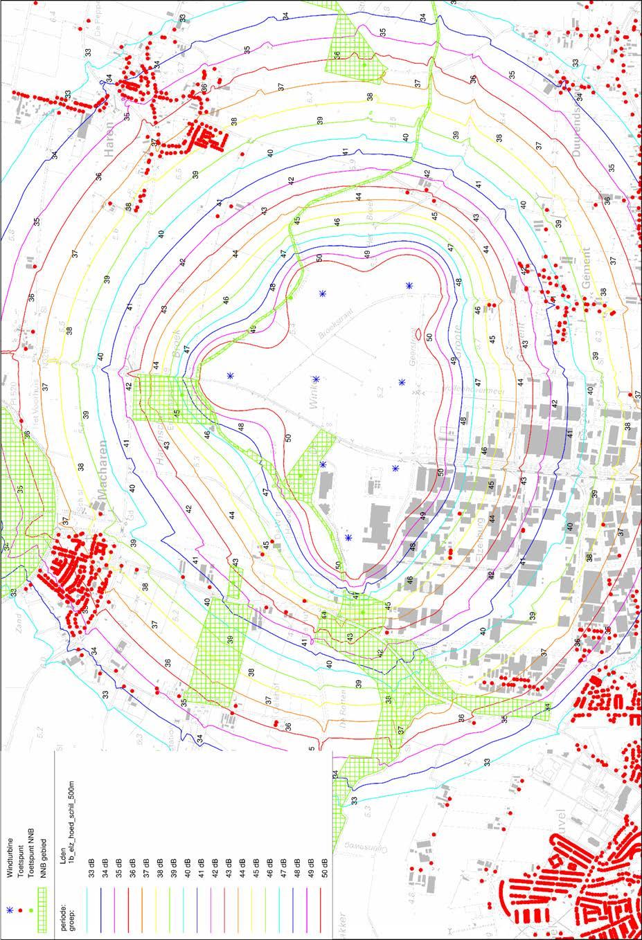 Figuur Contourenkaart geluidbelasting (Lden) windmolens