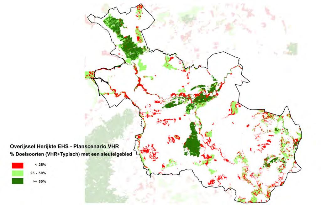 Figuur 3.2 Kwaliteit ecosystemen gebaseerd op het percentage VHR-soorten, inclusief typsiche soorten met een potentieel sleutelgebied op basis van de Feitenkaart.