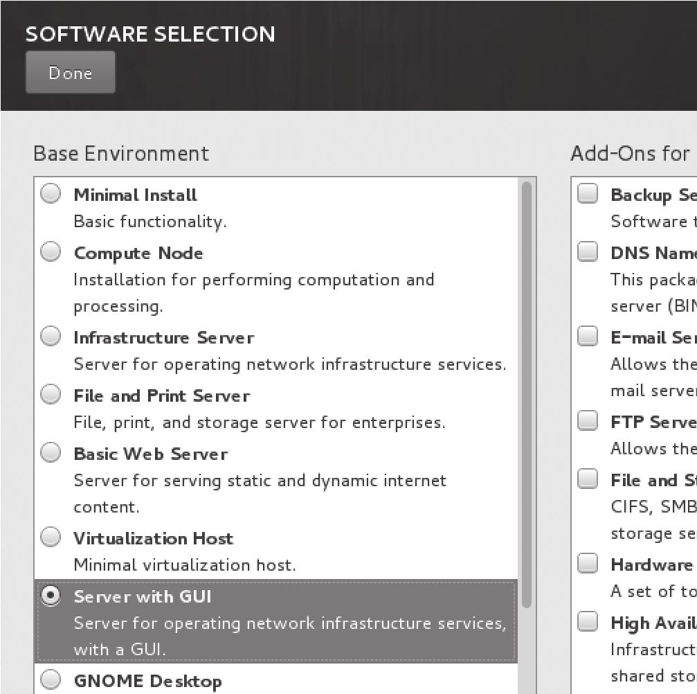 Hoofdstuk 1 Introductie 5. Weer terug in het Installation Summary-scherm, kiest u nu de optie Software Selection. Als u niets anders selecteert, wordt een minimale CentOs-installatie weggezet.