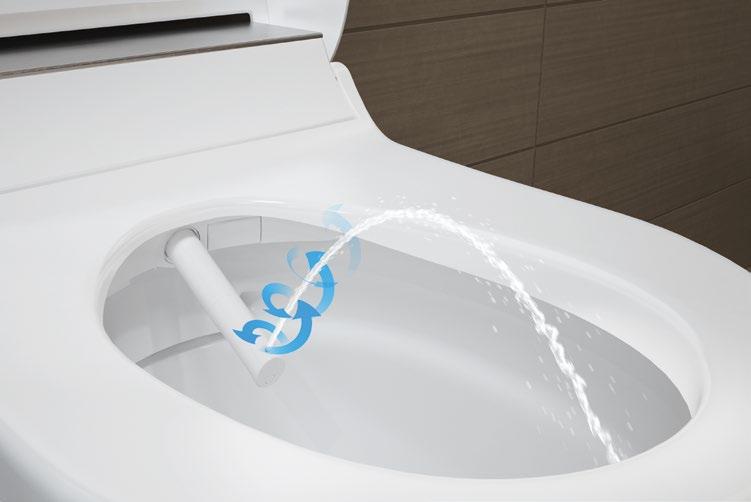 SoftClosing WhirlSpray-douchetechnologie en keramische wc-pot zonder spoelrand De gepatenteerde WhirlSpray douchetechnologie, die werkt met een pulserende douchestraal en dynamische luchttoevoeging