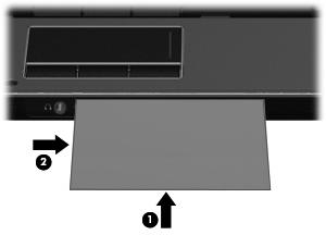 4. Plaats een visitekaartje in het visitekaartjes-slot aan de voorkant van de computer (1) en schuif het kaartje naar rechts (2) om het in de juiste positie te brengen voor de webcam.