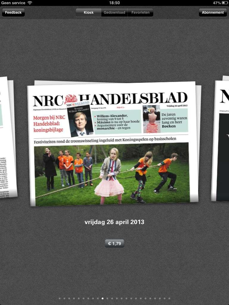 9. Losse edities downloaden als niet-abonnee Als u geen abonnement heeft op NRC Handelsblad op nrc.next, maar toch een verschijning digitaal wilt lezen, dan kunt u in de app losse kranten downloaden.
