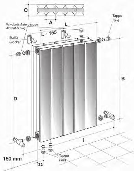 Thermrad luminium - lustyle Verticaal Levering inclusief 4 zij-aansluitingen ½ 2 onder-aansluitingen ½. H.O.H. 50mm, naar keuze links- of rechtsonder door omdraaien radiator.