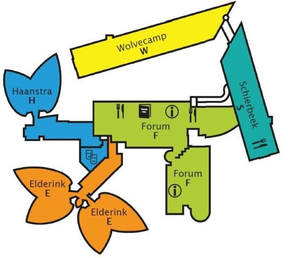 30-17.30 uur. Gebouwdelen zijn onderverdeeld in vijf vleugels Elderink (E), Haanstra (H), Wolvecamp (W), Schierbeek (S) en Forum (F). Als er E1.