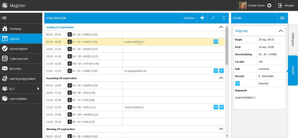 Agenda Via de knop Agenda wordt het rooster van de komende 7 dagen getoond met eventueel opgegeven huiswerk. Druk op de knop Afdrukken om het rooster te printen.