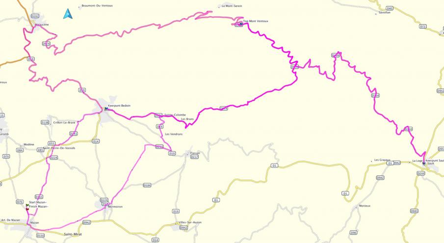 Je kunt ervoor kiezen om te starten met een geneutraliseerde tocht (10 km) vanuit Village du Depart in Mazan (chemin de Modène 150) naar de startlocatie in Bédoin.