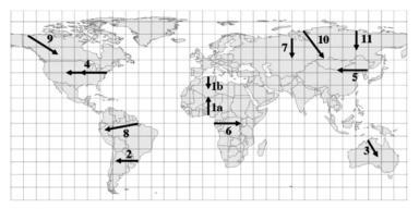 Figuur 7 - Transects langs rivierlopen (a, b en c) en langs lengte-/breedtegraden (d, e en f) Figuur 8 - idem, kaartbeeld Pokorny is van mening dat de verandering van het klimaat een veel ernstiger