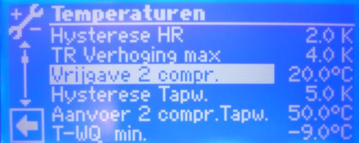 De instellingen voor de in- en uitschakeling voor de 2 e compressor dienen als volgt ingesteld te worden: De vrijgavetemperatuur 2 e compressor (Tbuiten) dient ingesteld te worden op 20 C.