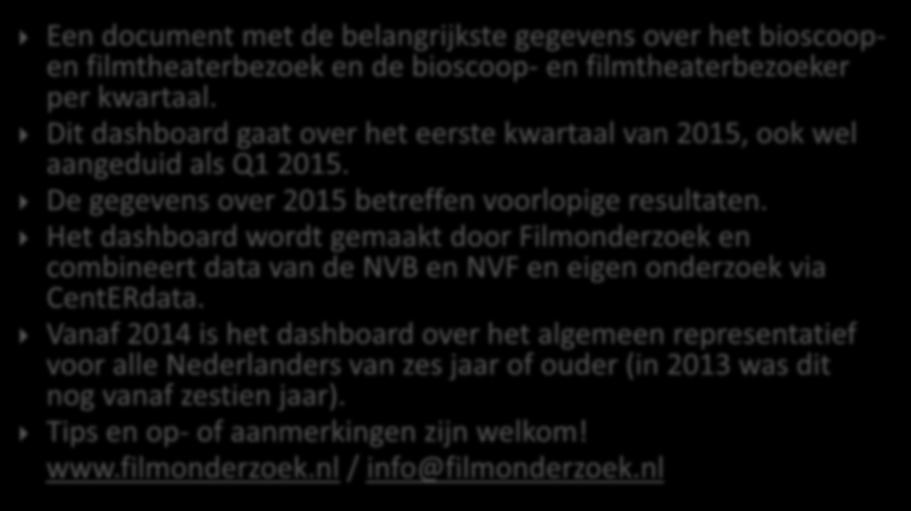 Een document met de belangrijkste gegevens over het bioscoopen filmtheaterbezoek en de bioscoop- en filmtheaterbezoeker per kwartaal.